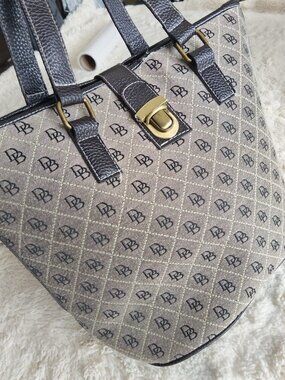DiRenzo DB Logo Jacquard Canvas Shoulder Bag Purse Brown Trim Brass Lock